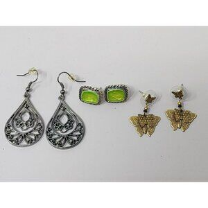 Set Of 3 Pairs Of Earrings: Silver Tone Teardrop Green Stud Gold Butterfly Desig
